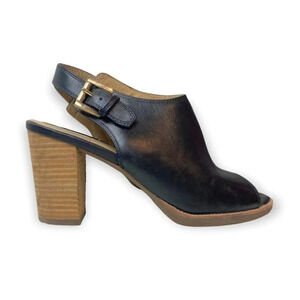 Geox Black Leather Slingback Open Toe Stacked  Heel Shoes